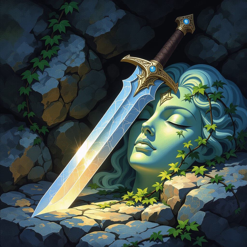 Majestic Sword with Sleeping Face in Rock, Ethereal Lighting