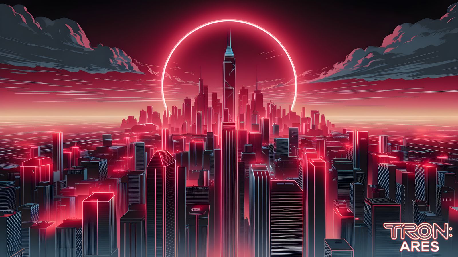 Vibrant Digital Cityscape Under a Red Neon Moon