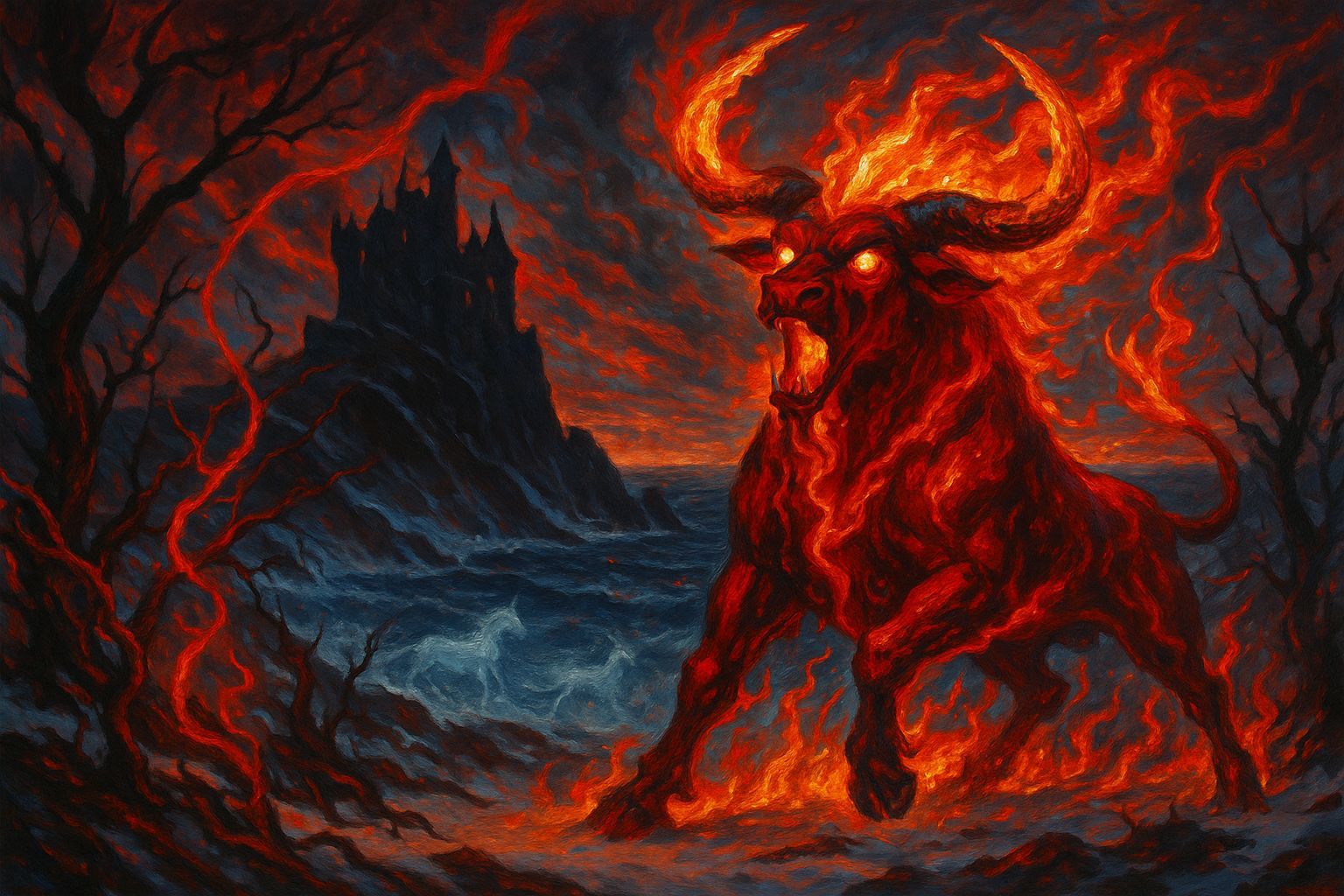 Epic Red Bull Unleashes Fiery Fury in Fantasy Landscape