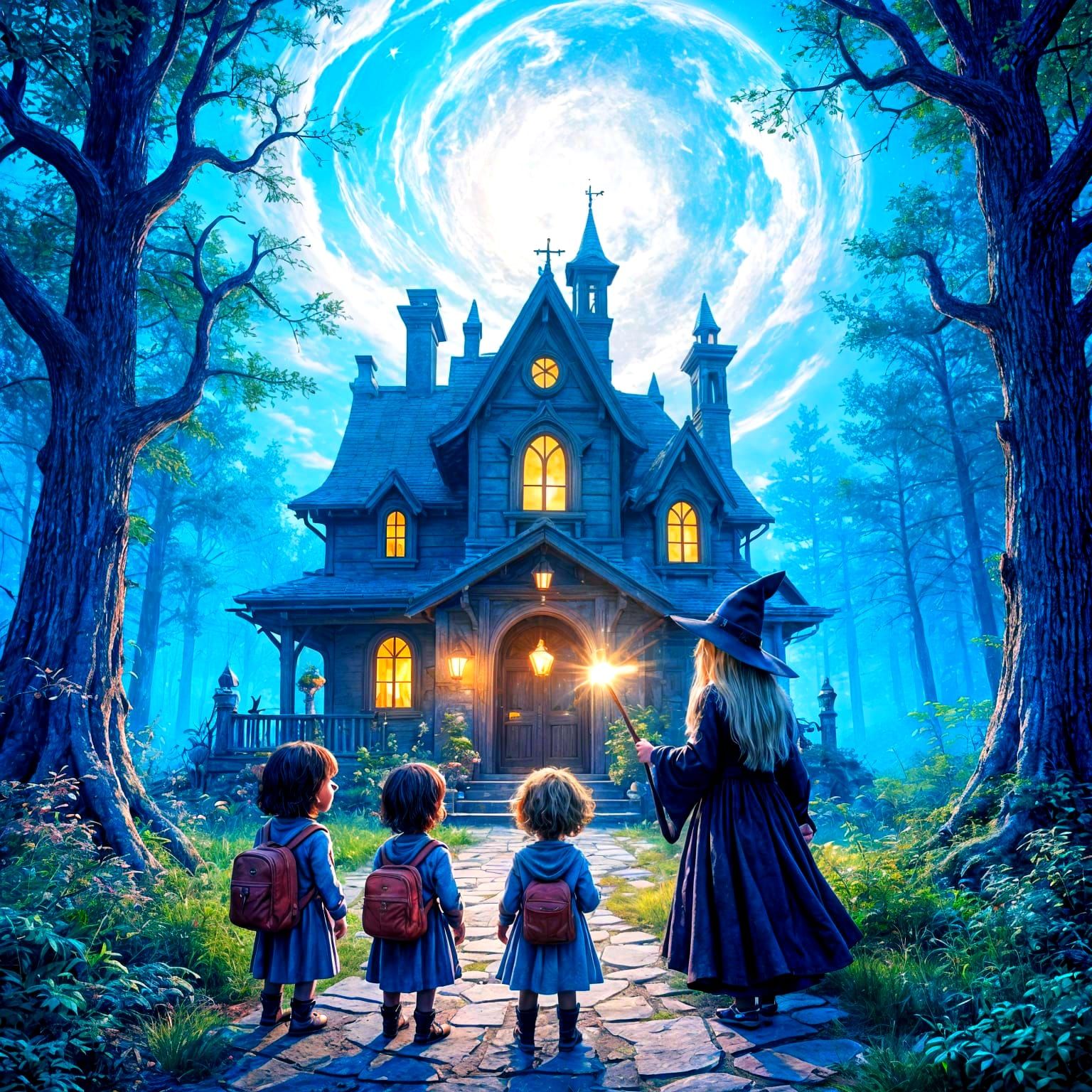 Friendly Witch Welcomes Lost Kids to Magical Woods House