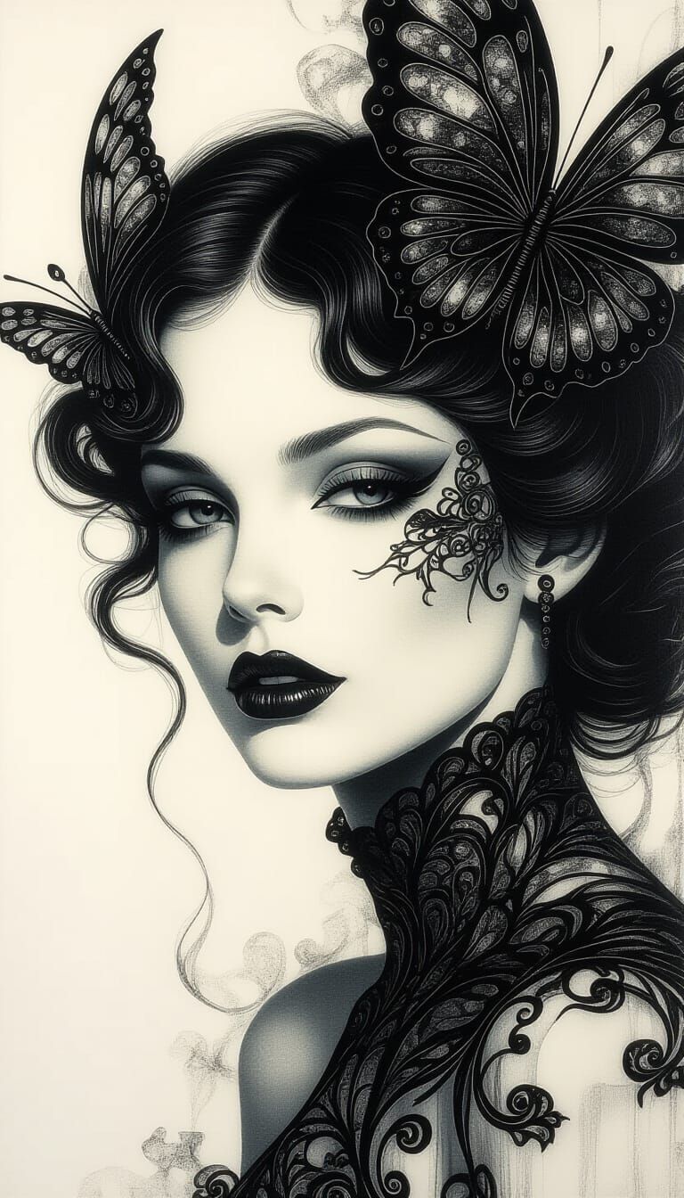 Elegant Woman's Face in Surreal Filigree Impasto Style