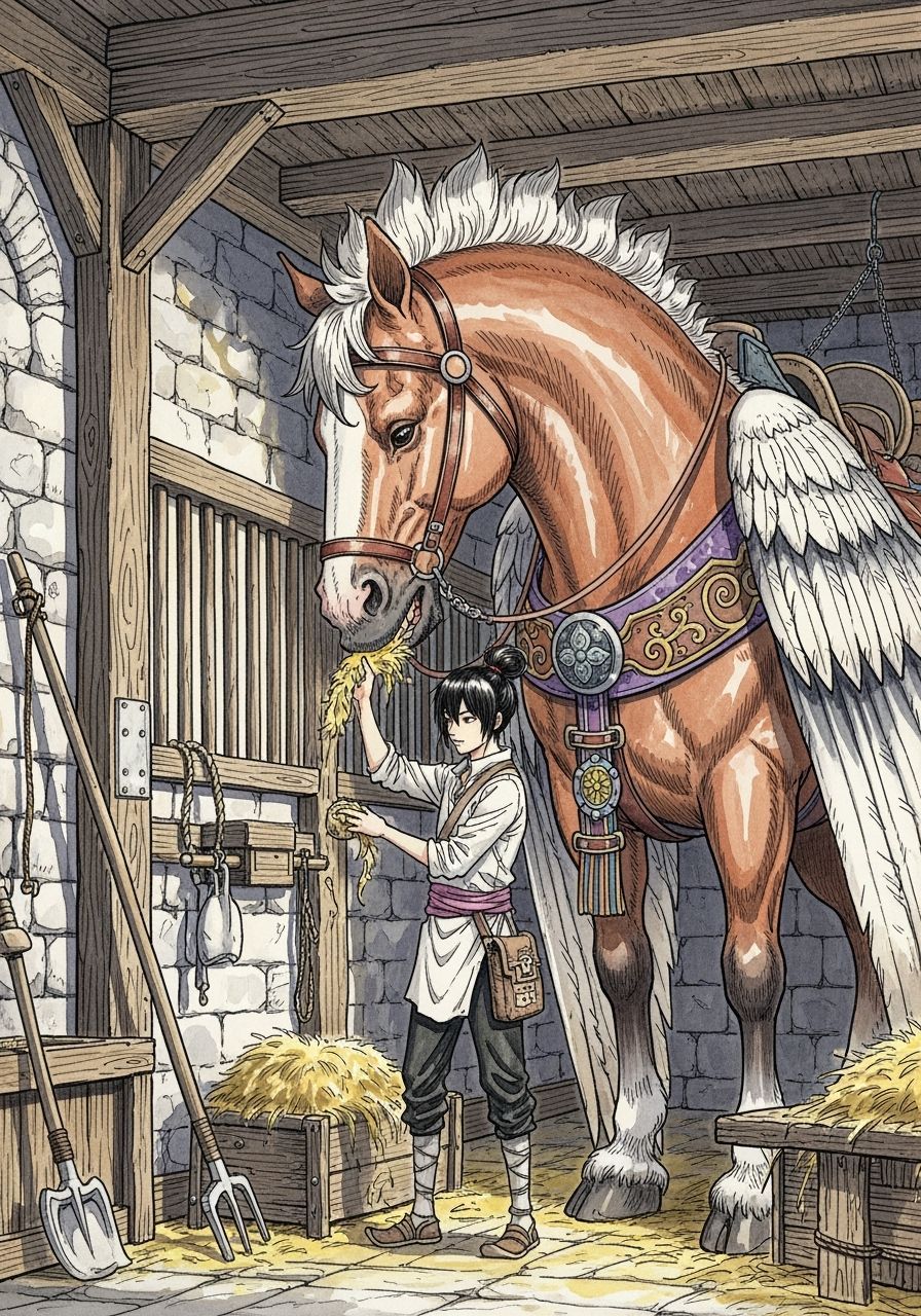 Stable Boy and Gentle Giant Pegasus in Ink and Watercolor