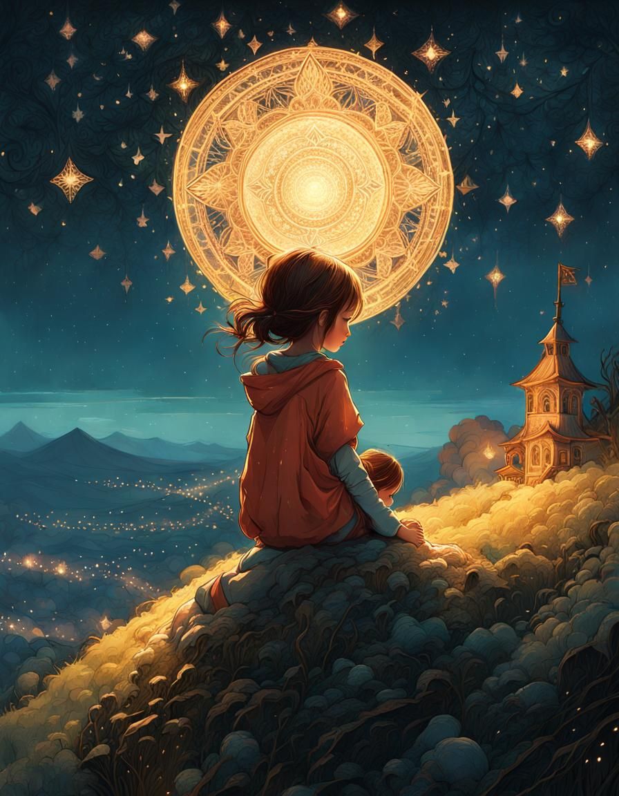 Girl Gazing at Twinkling Stars, Digital Art
