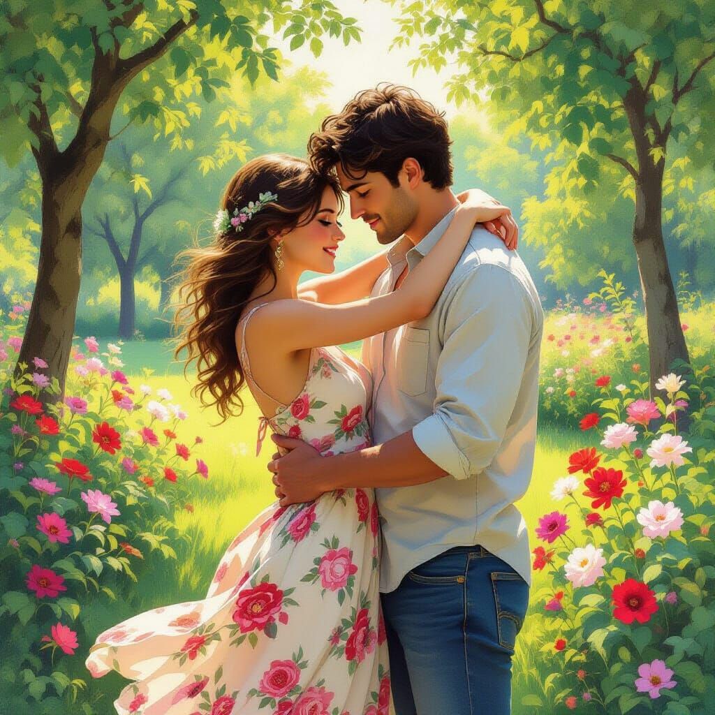 Couple's Tender Embrace in Dreamy Impressionism Style