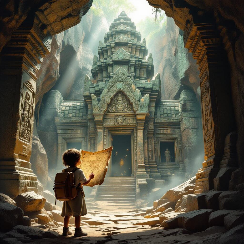 Child Discovering Crystal Temple Entrance with Ancient Map