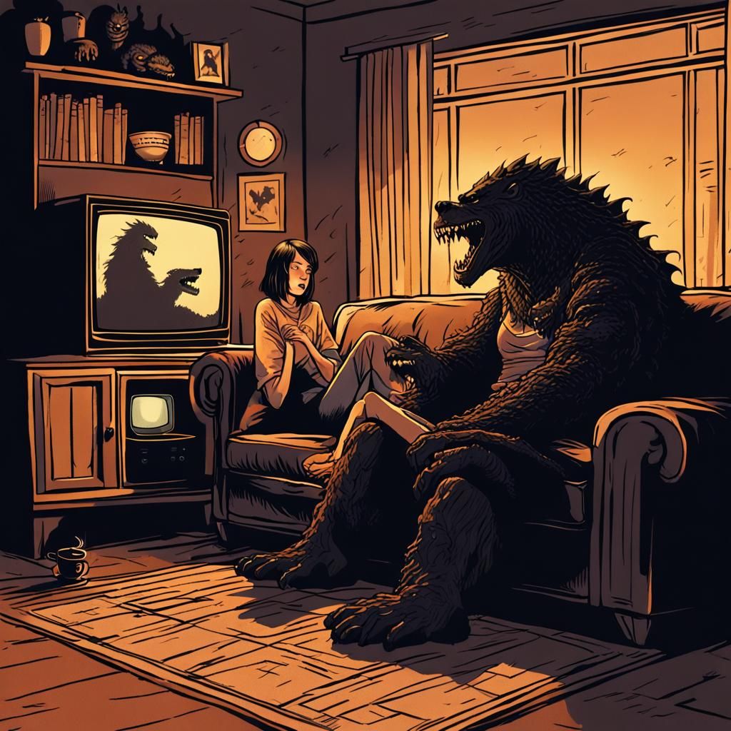 Werewolf and Godzilla Cuddling: A Dark Fantasy Illustration