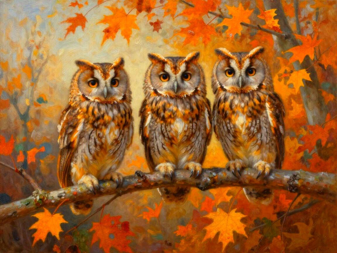 Autumn Owlets Perched on a Branch Masterpiece Oil Painting