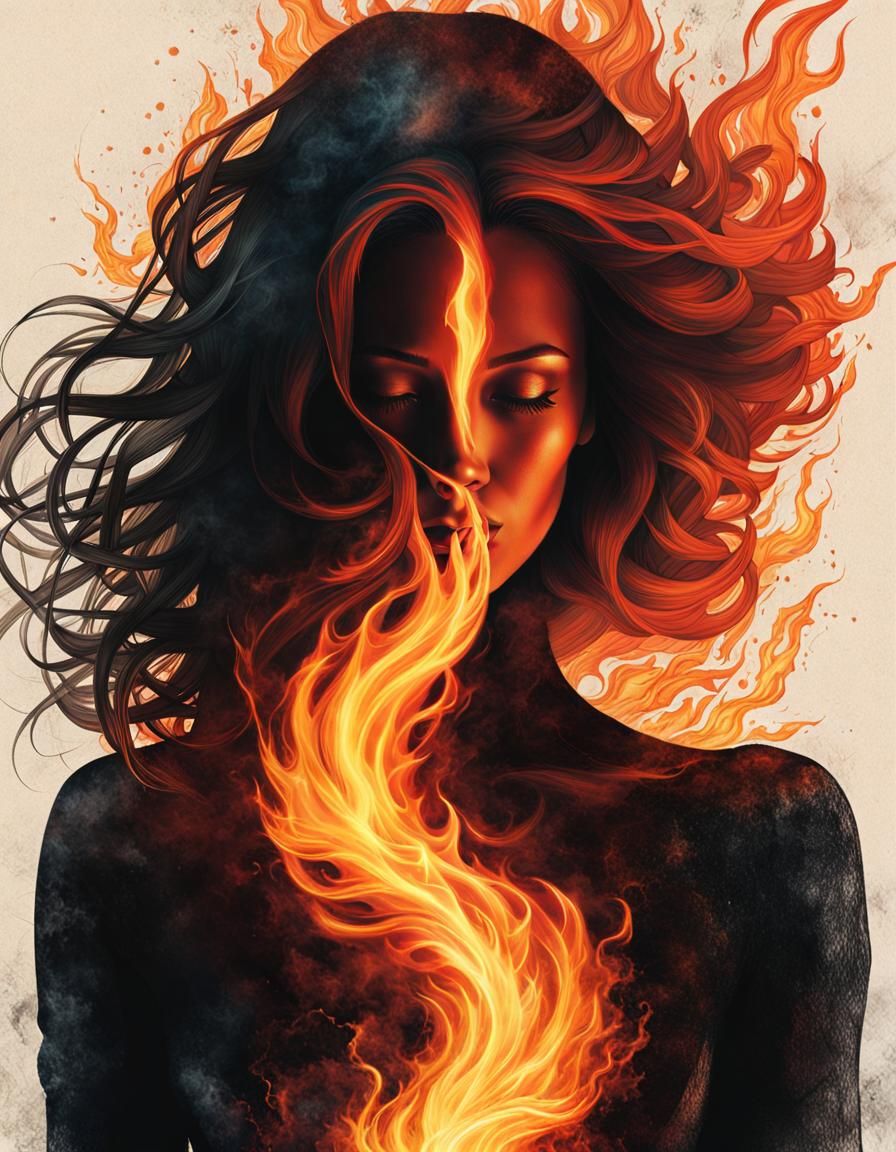 Ethereal Fire Woman with Cracked Aura in Colored Pencil