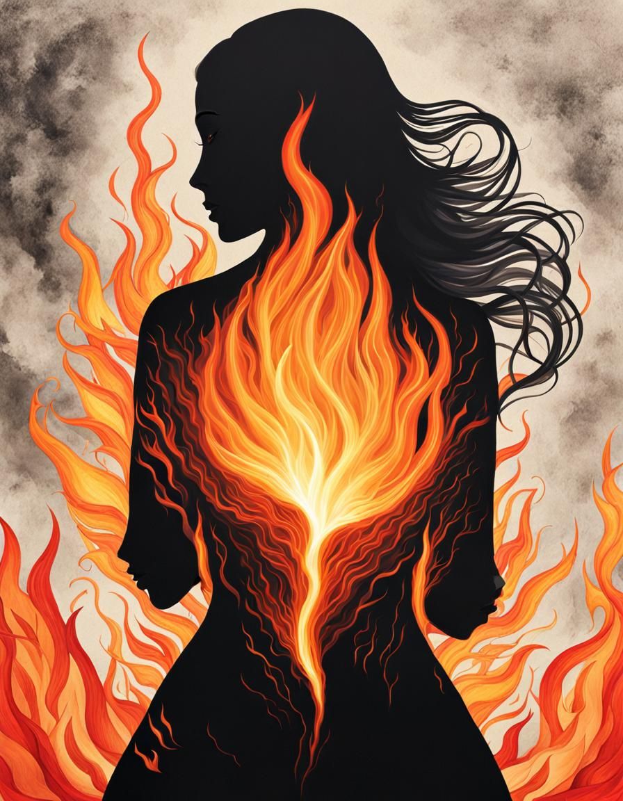 Fiery Woman: A Spiritual Silhouette in Colored Pencil