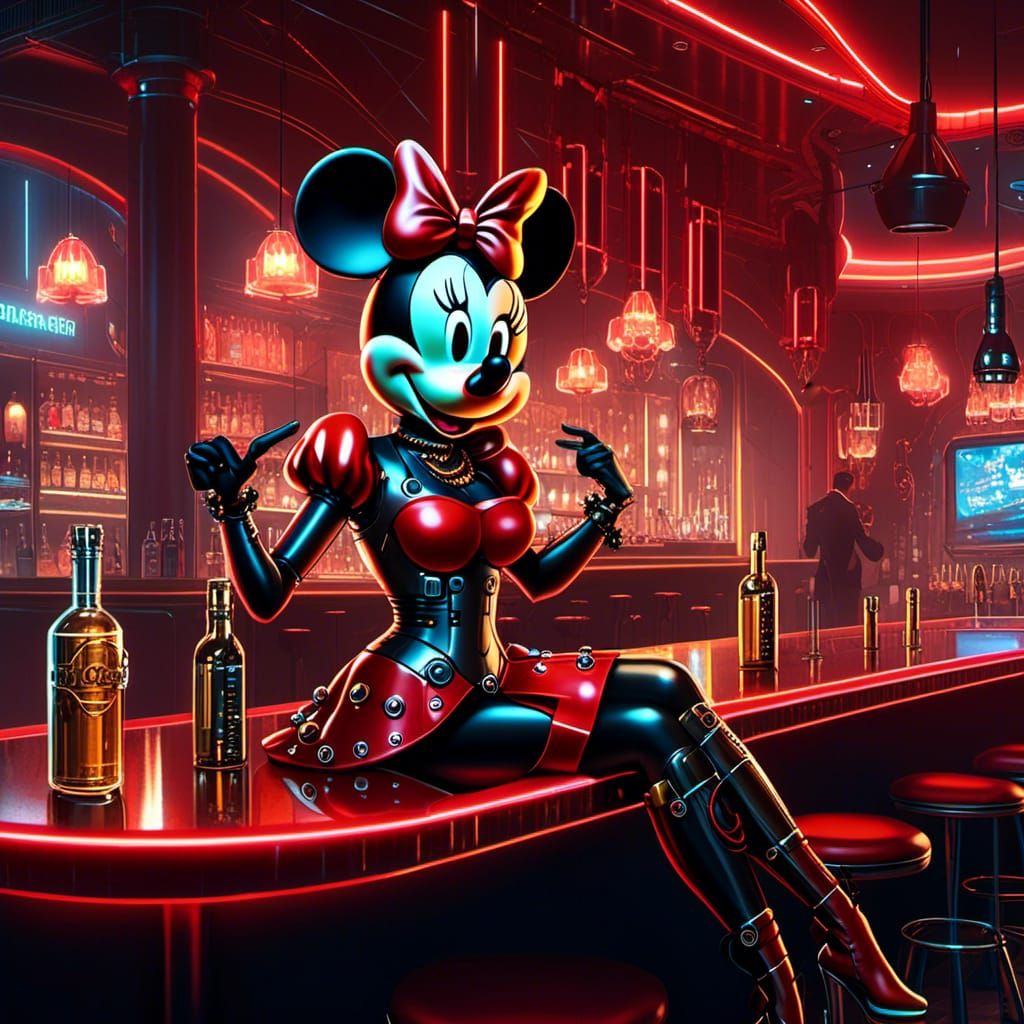 Cyberpunk Cyborg Minnie Mouse at Luxurious Bar