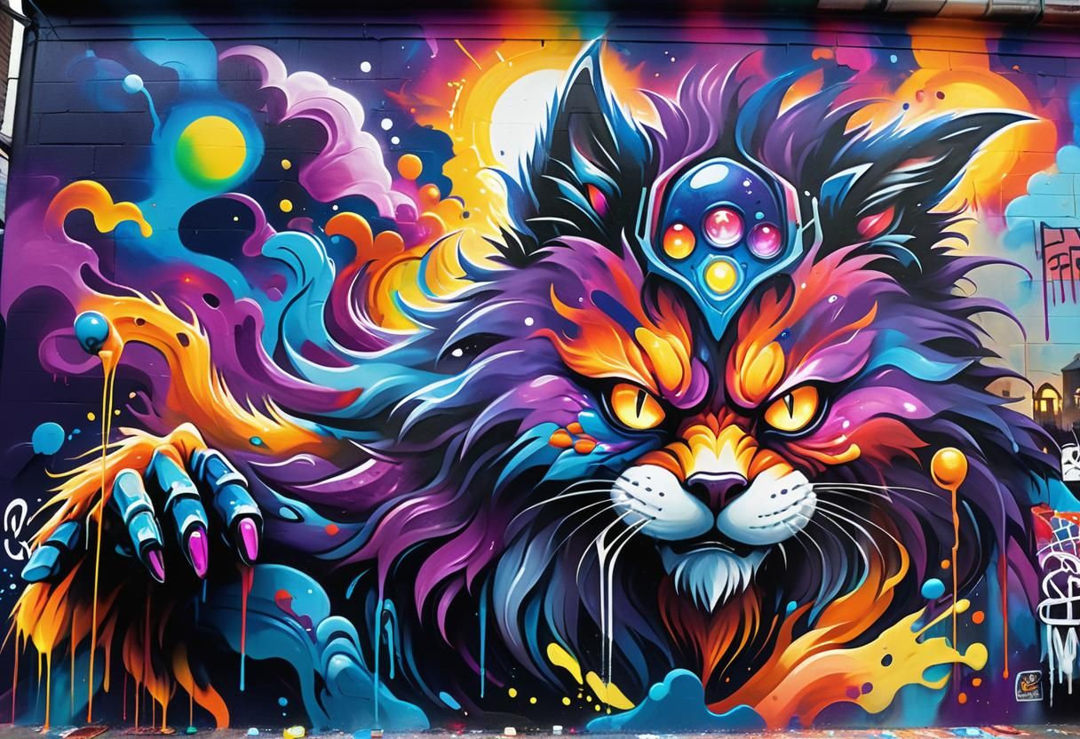 Fantasy Creature Graffiti Art at Night