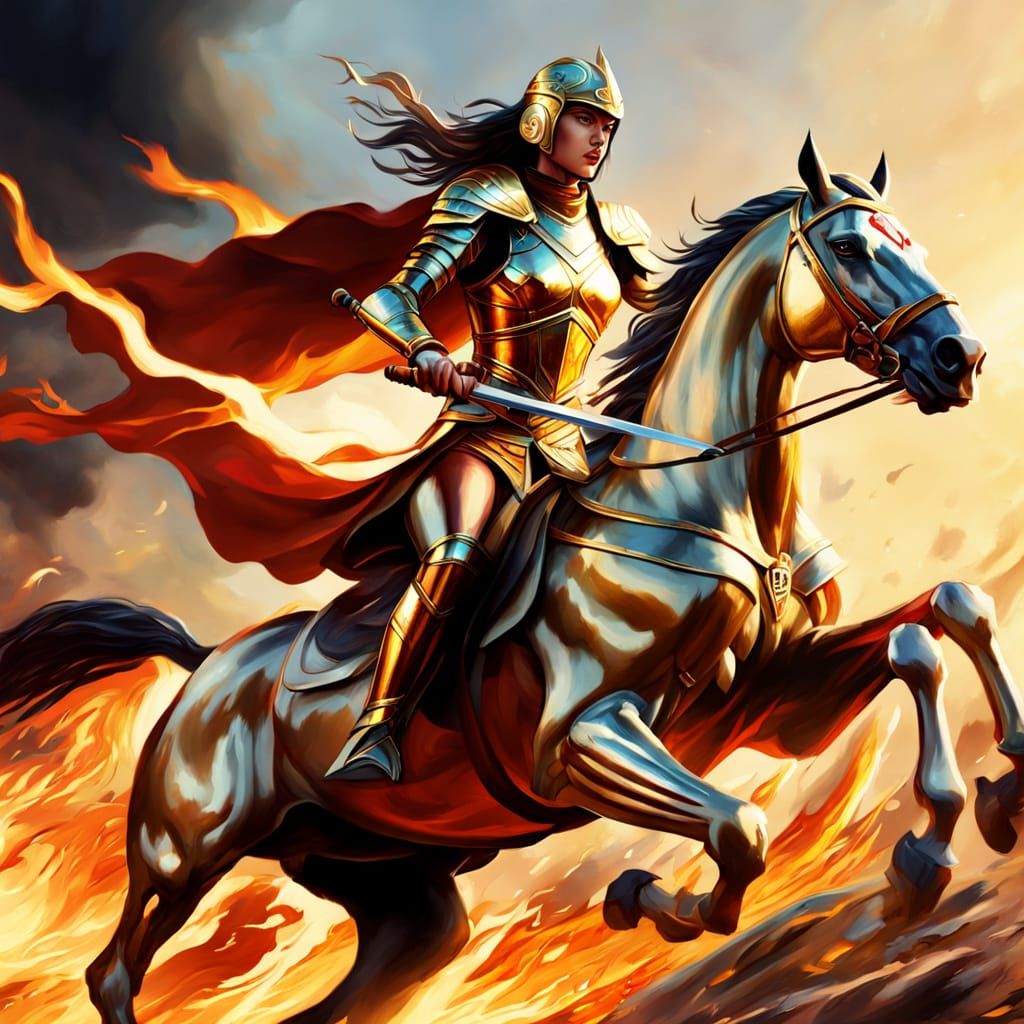 Valkyrie on Fiery Battlefield in Lempicka Style