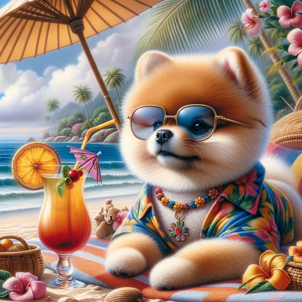 Pomeranian Dog's Tropical Vacation in Watercolor Style