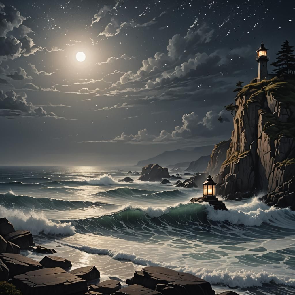 Hyperrealistic Silvery Waves Shimmering in the Dark