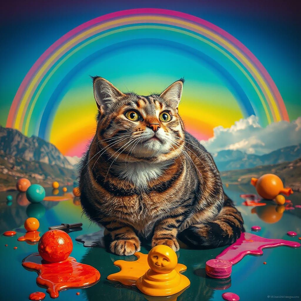 Surreal Rainbow Cat in a Dreamlike Digital Art Aesthetic