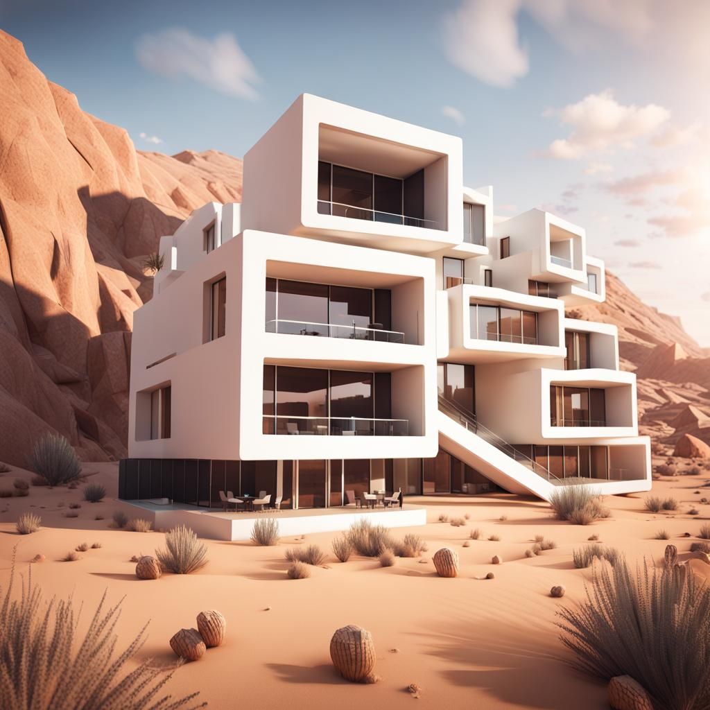 Modern Angular Flats in Desert, 3D Cinematic Render
