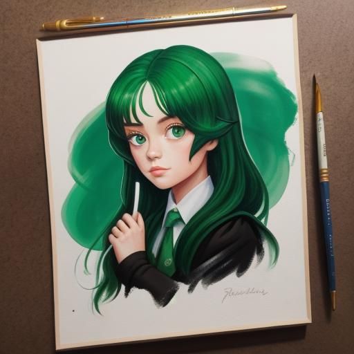Detailed Gouache Painting: Slytherin Girl