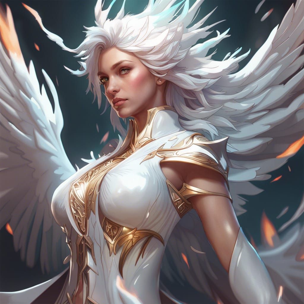 White Flame Phoenix Goddess Portrait in Art Nouveau Style