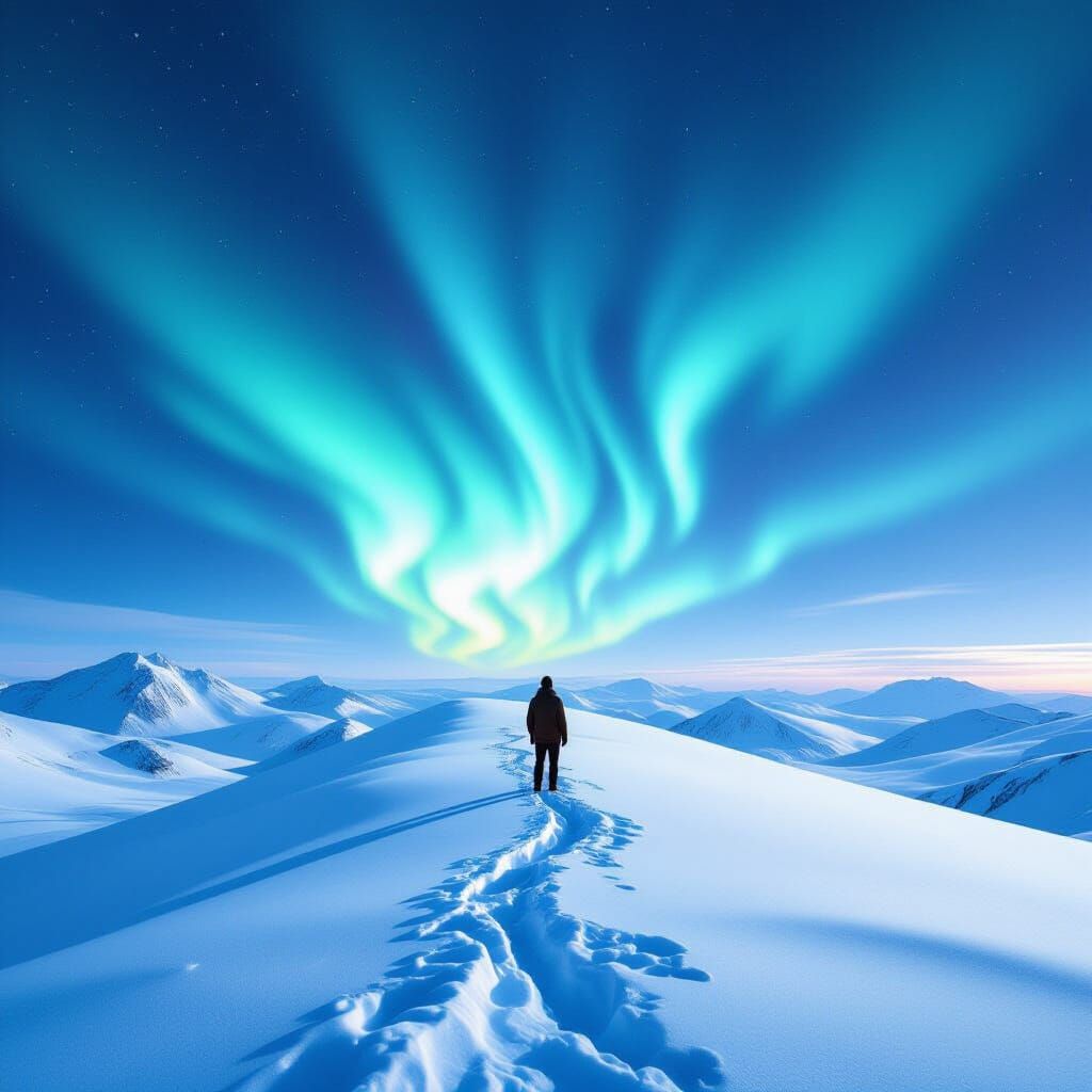 Lone Figure Watches Ethereal Auroras Over Snowy Peak
