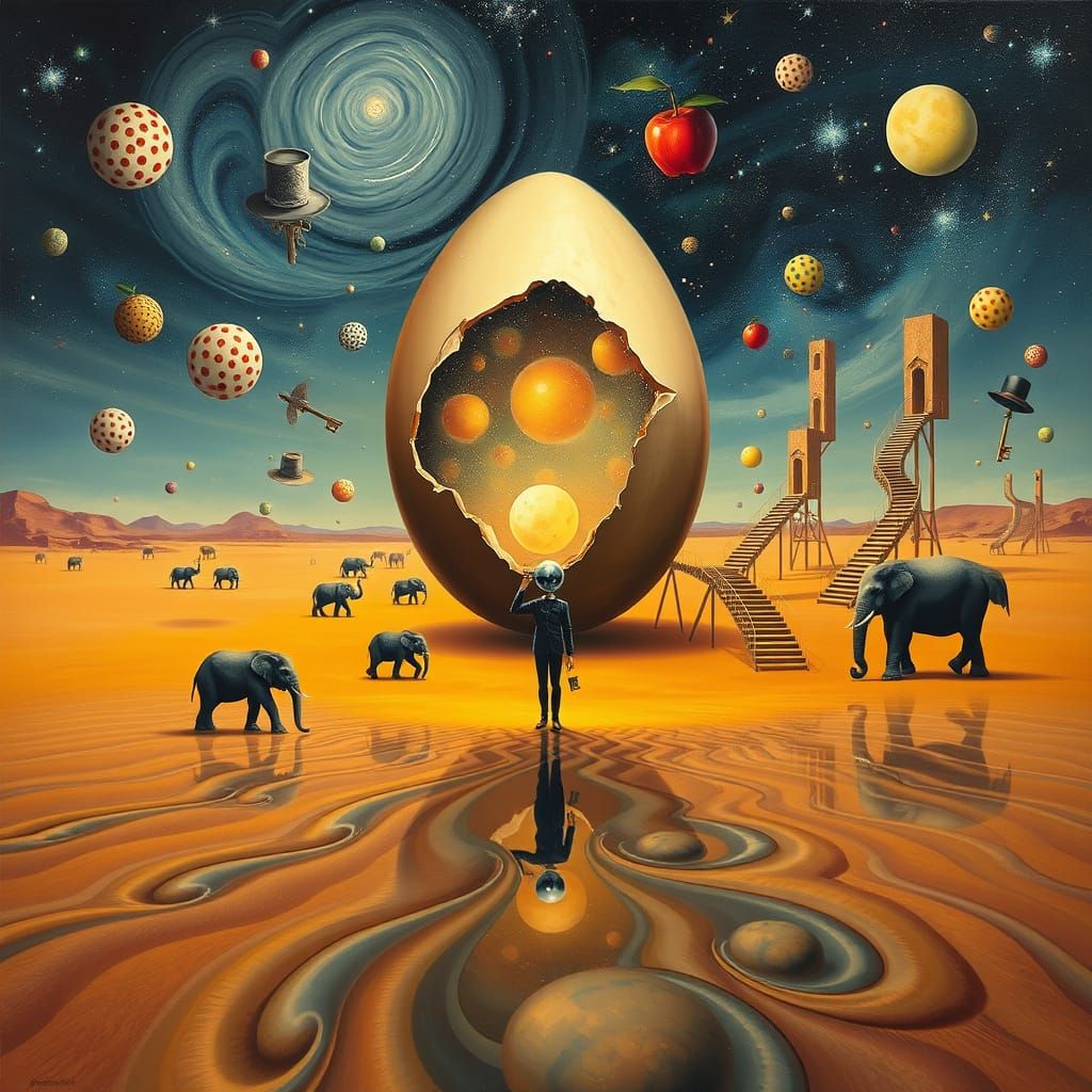 Surreal Desert Landscape with Galactic Egg and Hybrid Creatu...