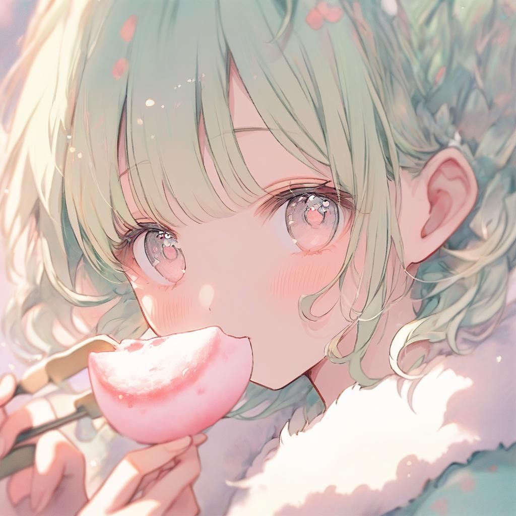 Anime Girl Eating Mochi in Whimsical Pop Art Style