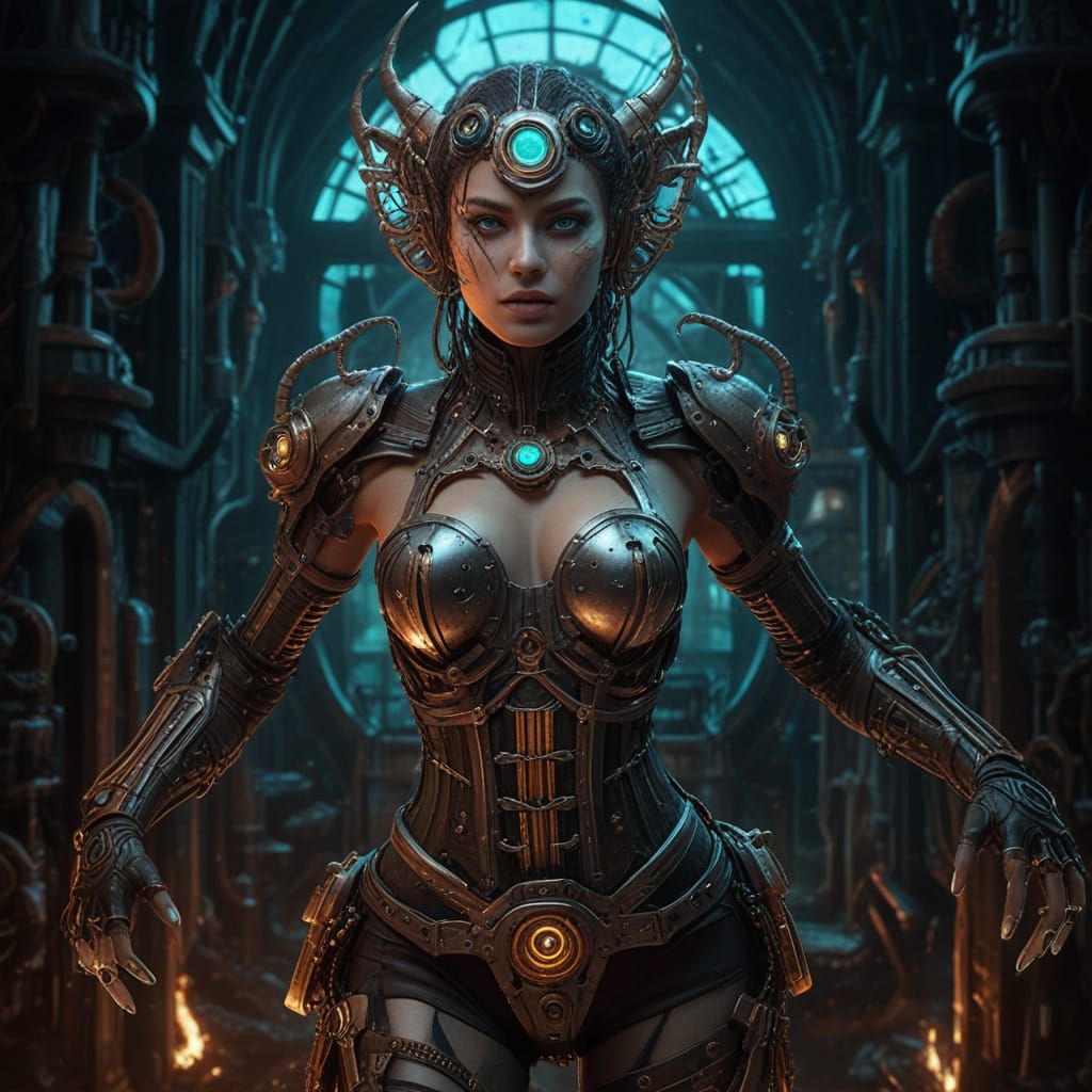 Biomechanical Steampunk Woman with Neon Lights in Dark Fanta...