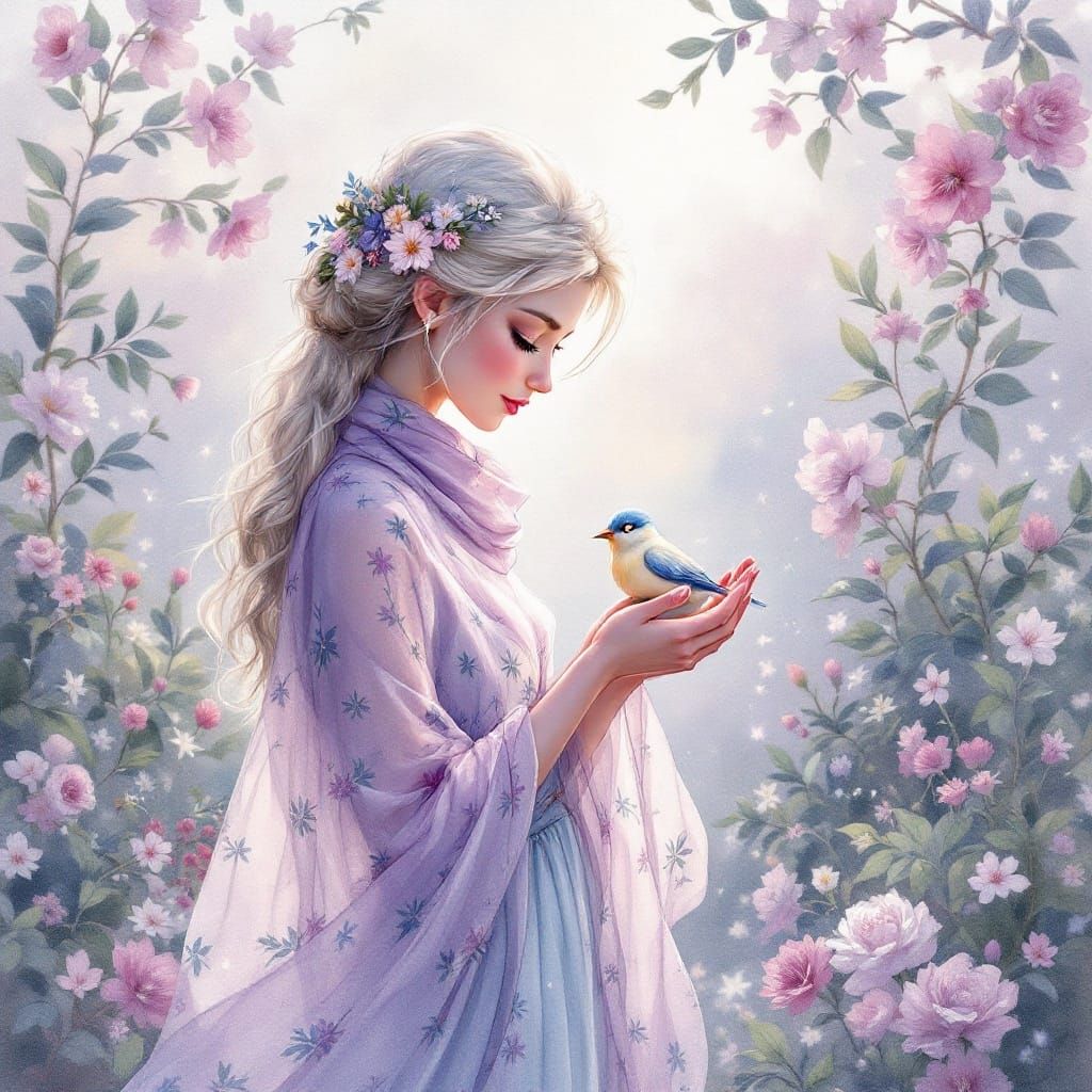 Elsa in a Whimsical Watercolor Garden