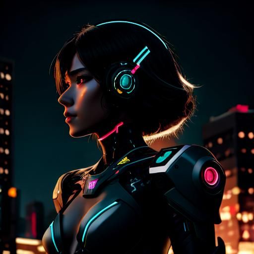 Neon Cyborg in Teal and Orange Cityscape