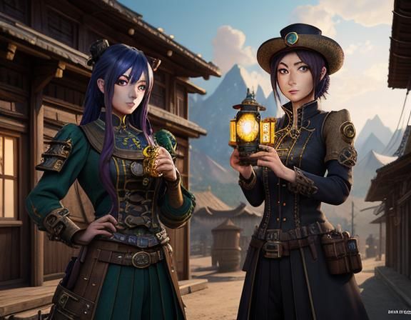 Steampunk Anime Women in Kazakhstan Village