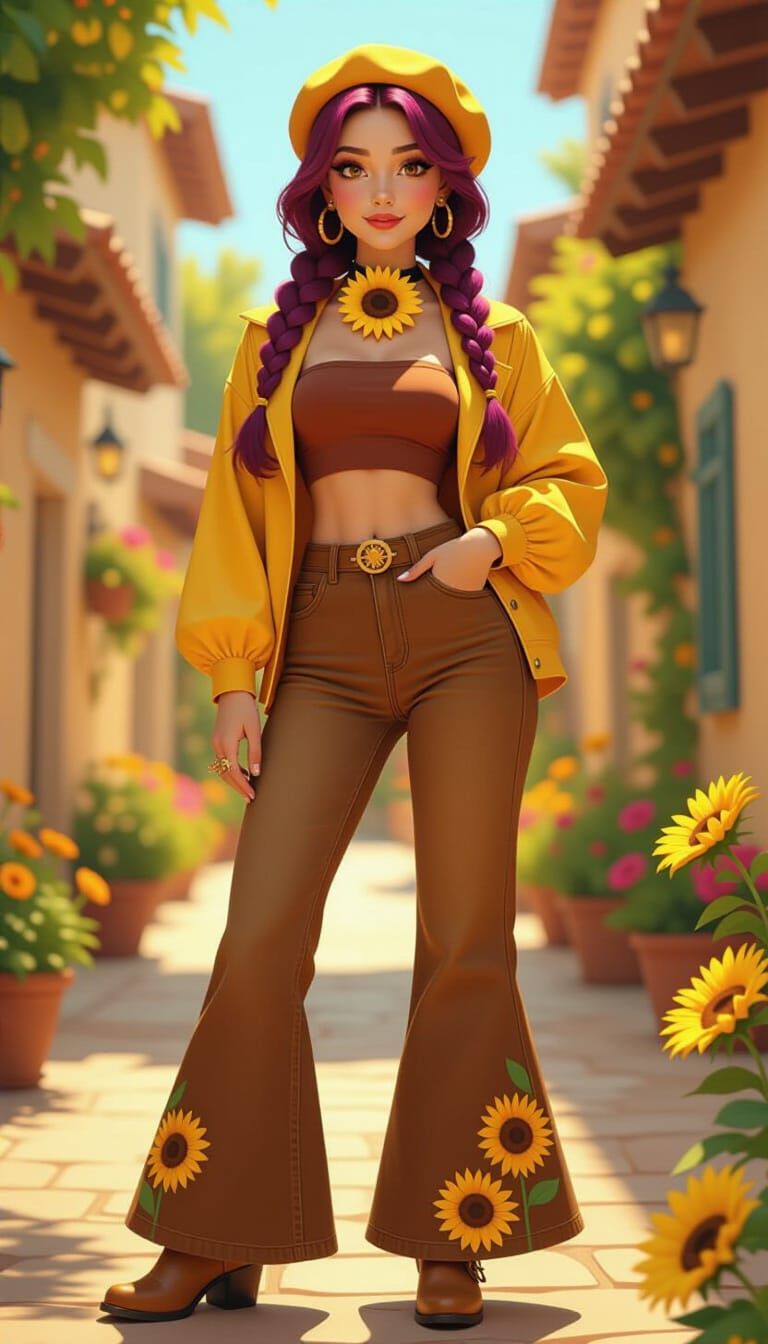 Woman in Yellow Jacket, Magenta Hair, and Sunflower Accents