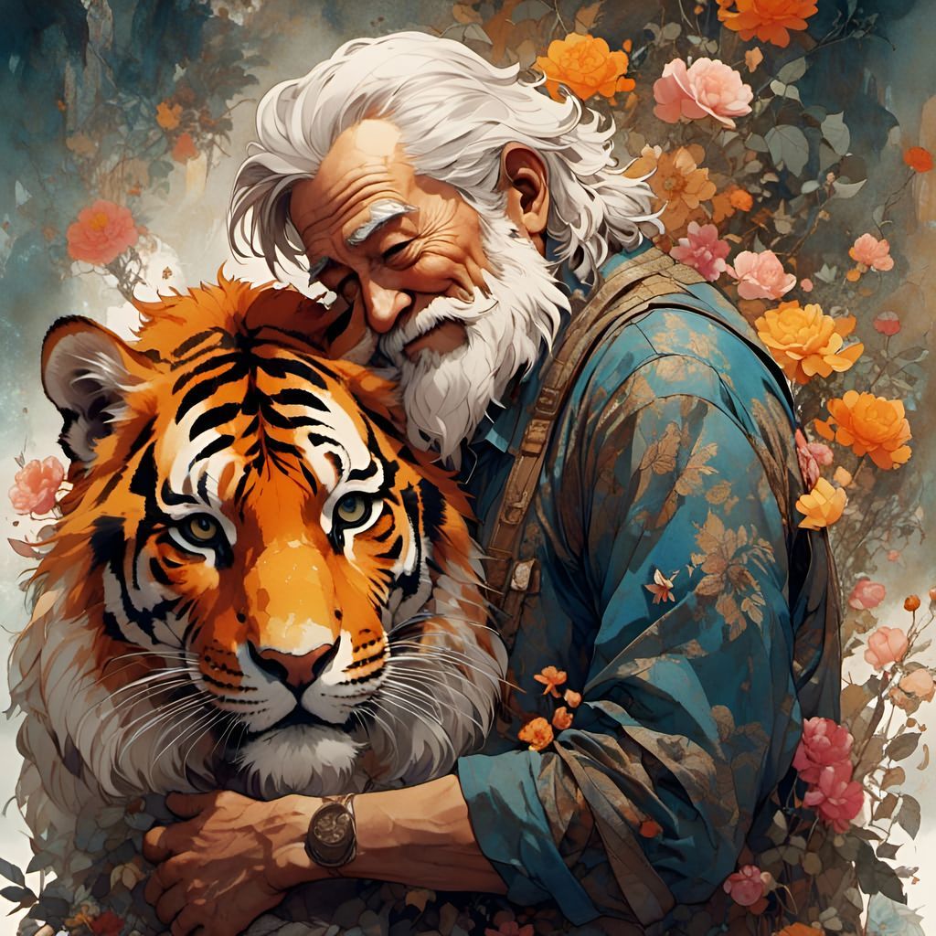 Whimsical Portrait: Old Man and Tiger in Watercolor Style