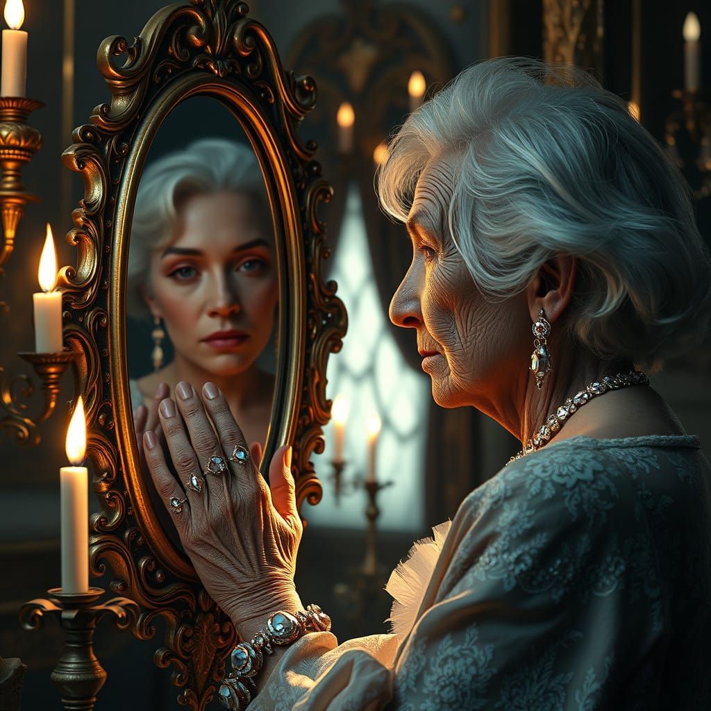 Elegant Elderly Woman Contemplates Youthful Reflection in An...