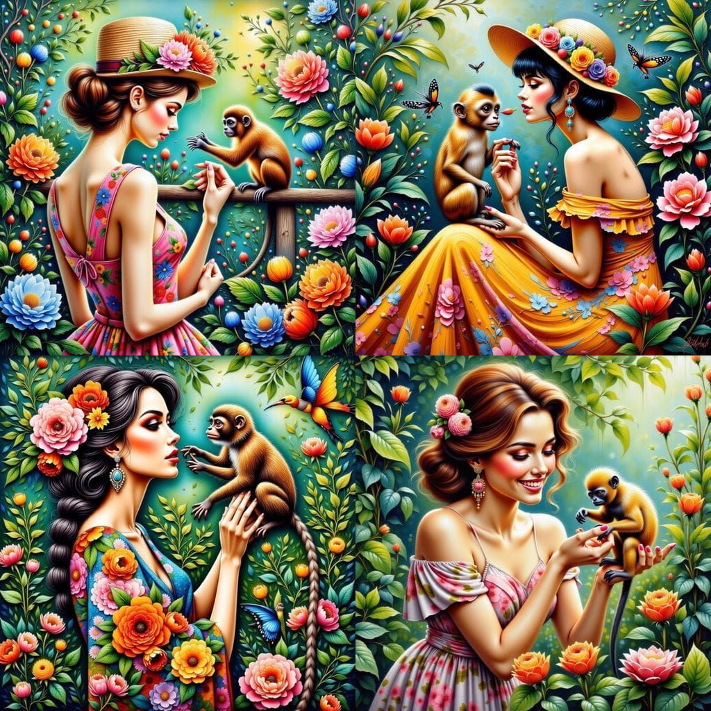 Lady Feeding Pygmy Marmoset: Acrylic Impasto Painting