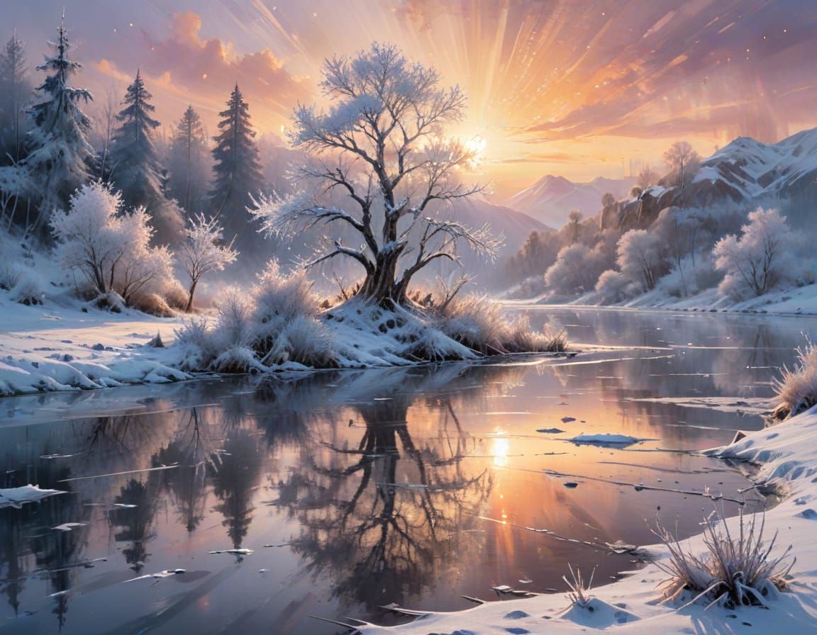 Frozen Winter Lake Reflects Golden Sunset