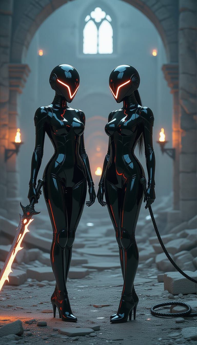 Android Twins in Ruined Fortress, Dark Fantasy Aesthetic
