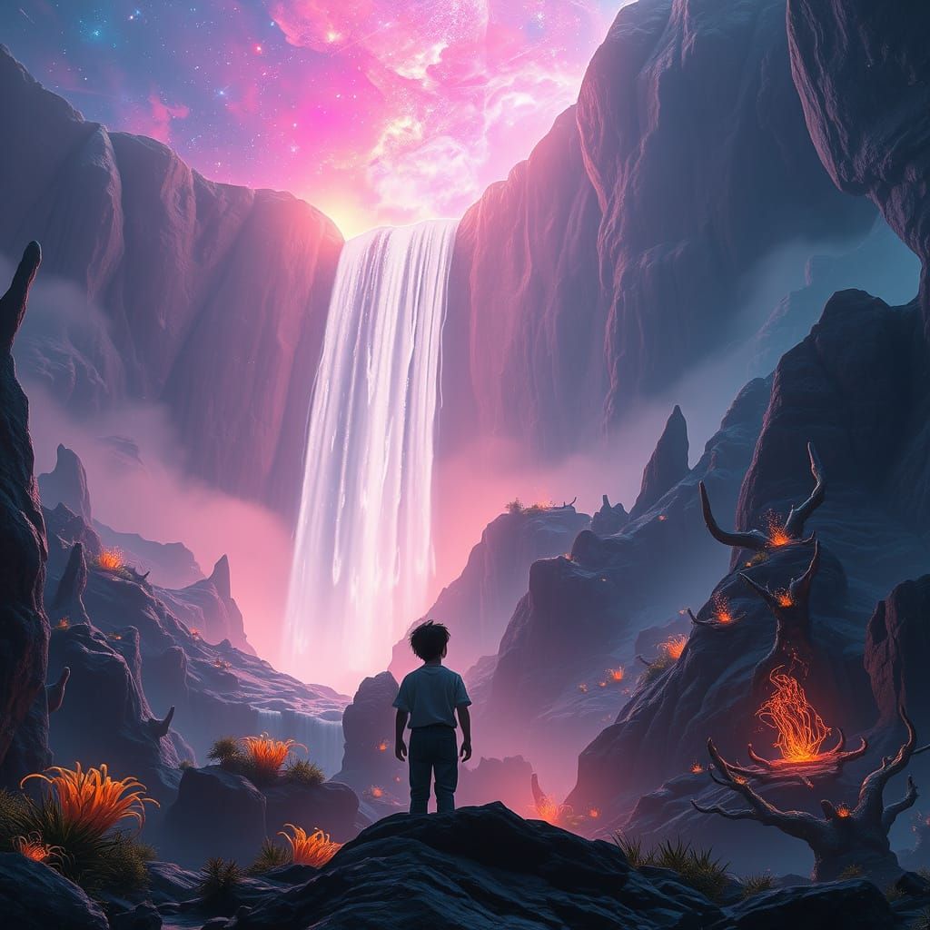Person Gazes At Alien Waterfall In Cosmic Landscape