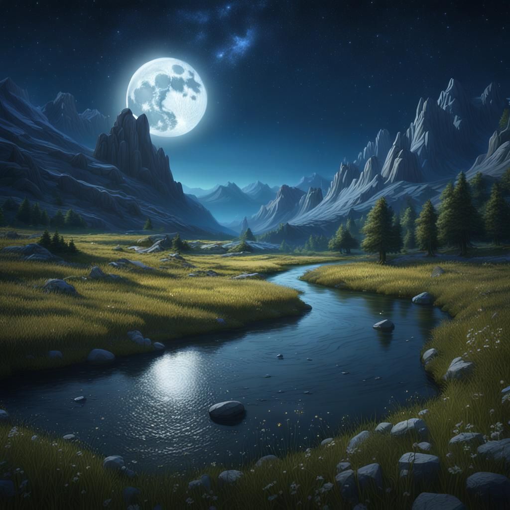Moonlit River in Meadow and Mountains: Fantasy Art