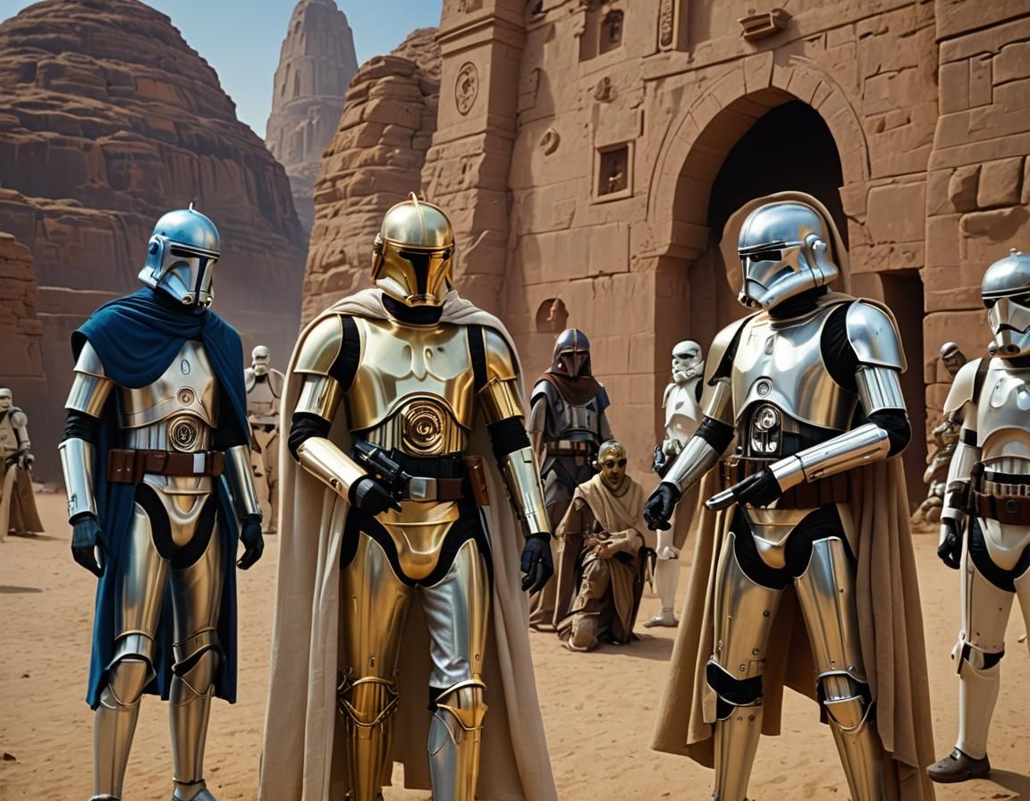 Stormtroopers Interrogate C3PO in Desert Landscape