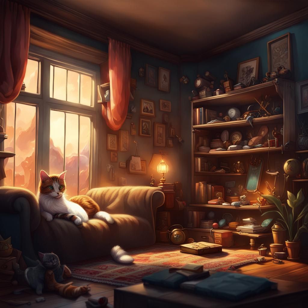Cat Nap in Cozy Room: Fantasy Concept Art