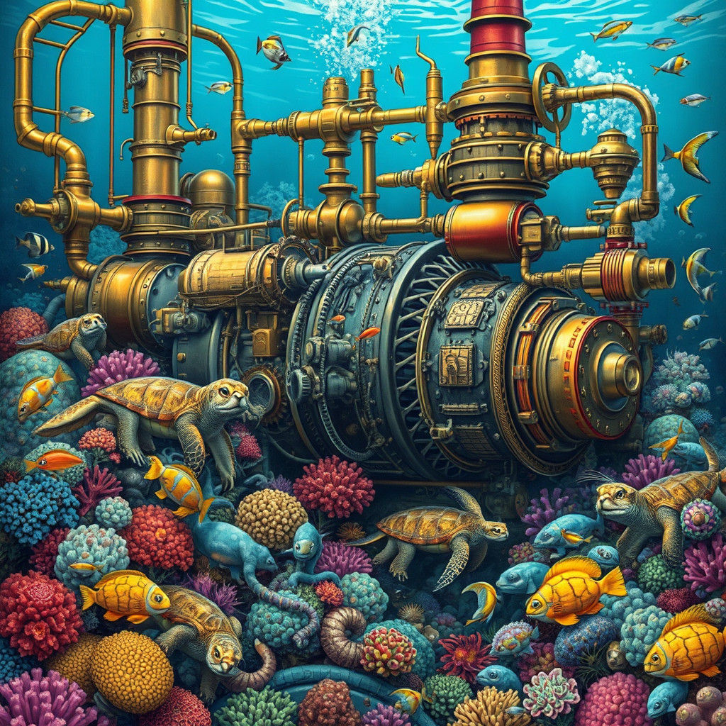 Steampunk Engine Merges with Vibrant Coral Reef