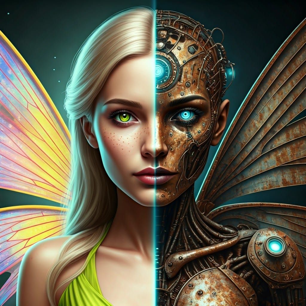 Fairy and Android Split Portrait in Giger Style