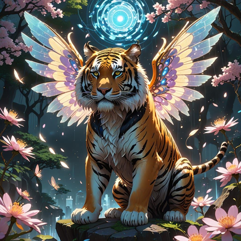 Ethereal Fairy Tiger in Mystical Sakura Realm