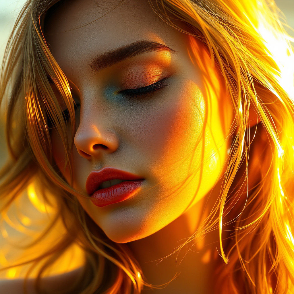 Serene Woman in Golden Light: Art Nouveau Portrait