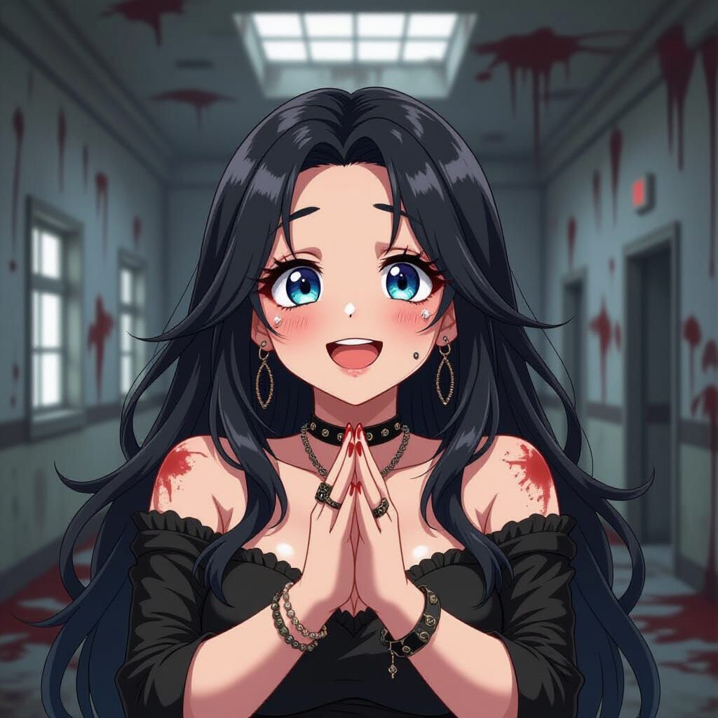 Joyful Goth Woman Crying Tears of Gratitude in Anime Style