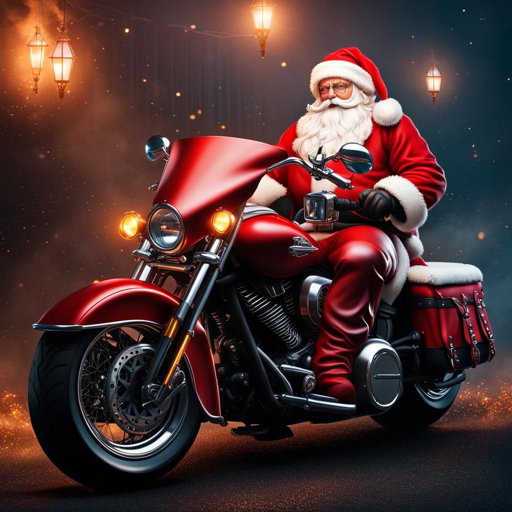 Santa Claus in red leather biker clothes doing burnout on Ha...