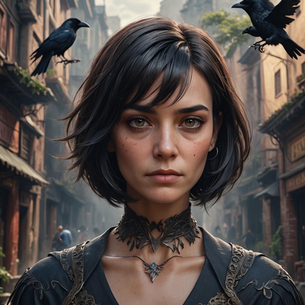 Hyperrealistic Portrait of Stern Woman with Raven Hair