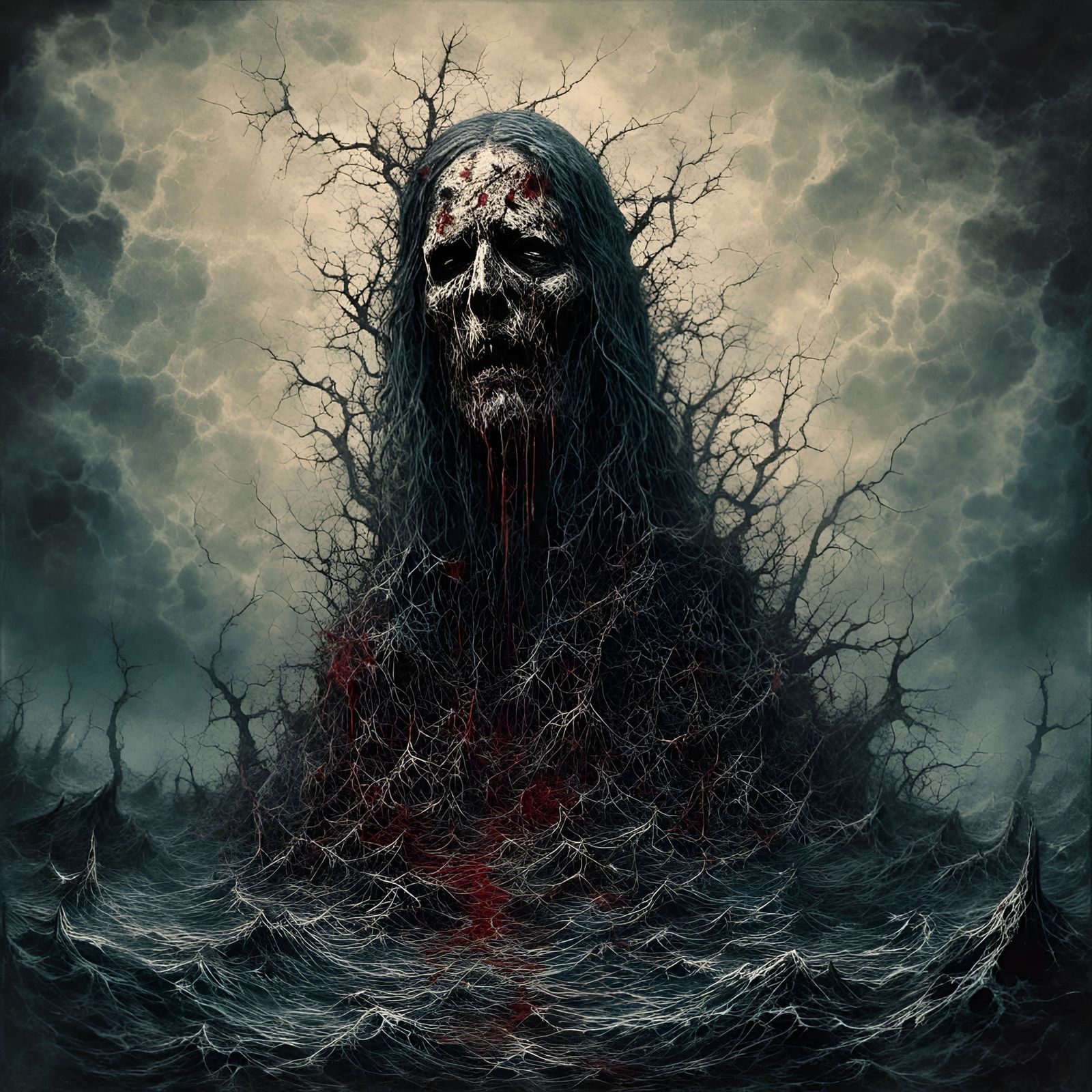 Bloody Jesus Christ Head in Hell Landscape