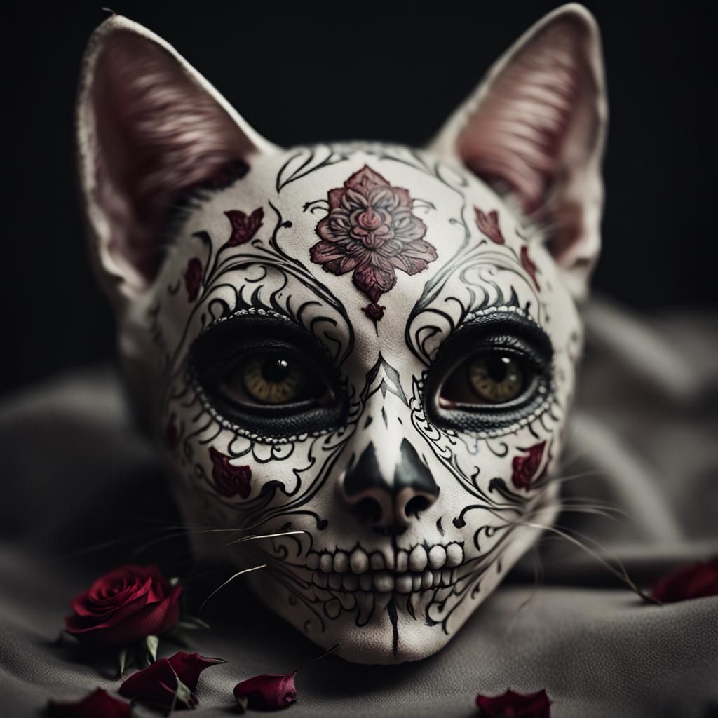 Ornate Sugar Skull Cat in Pagan Style