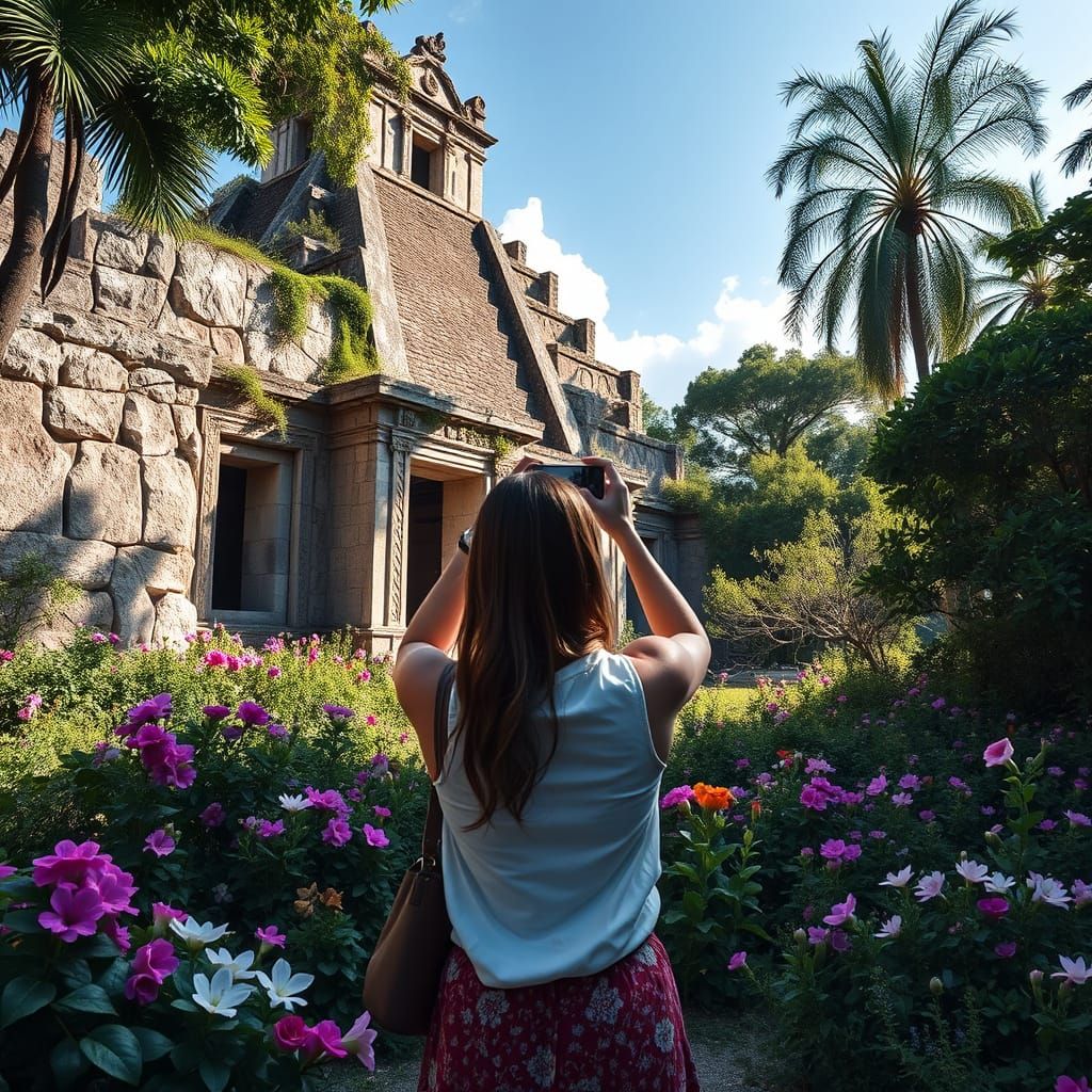 Ancient Maya Ruin Scene with Lush Florals and a Tourist