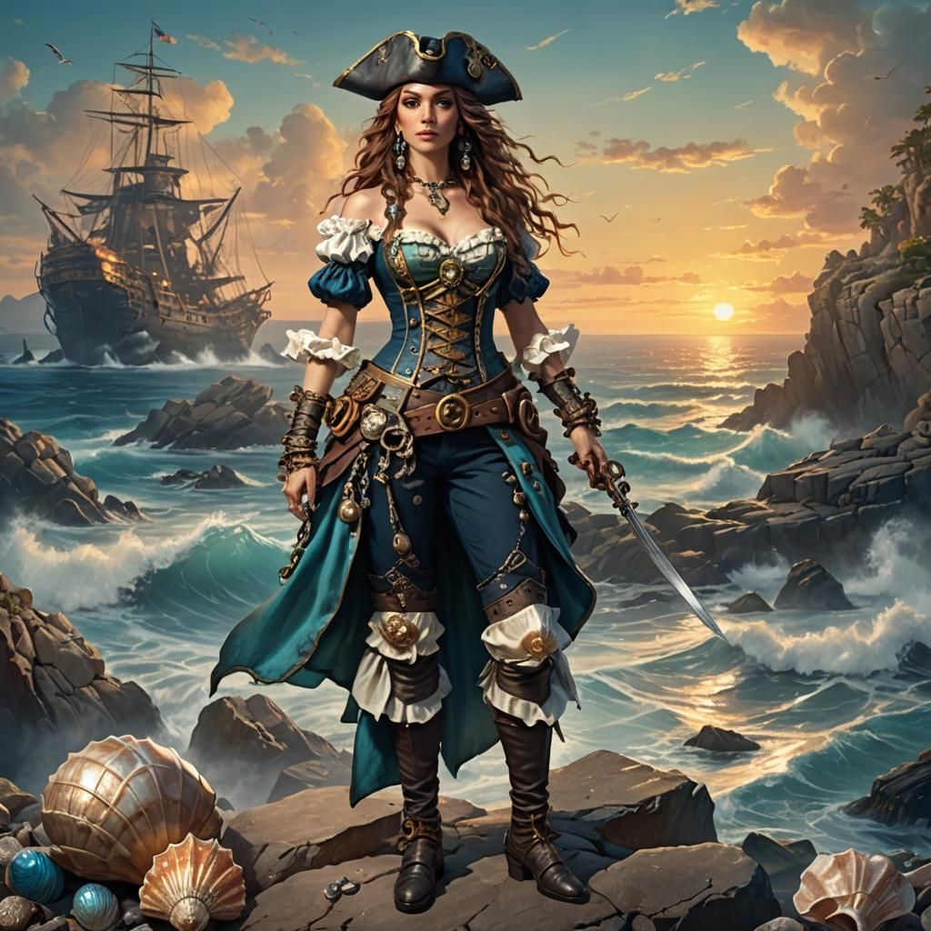 Nautical Rococo Pirate on Rocky Coastline